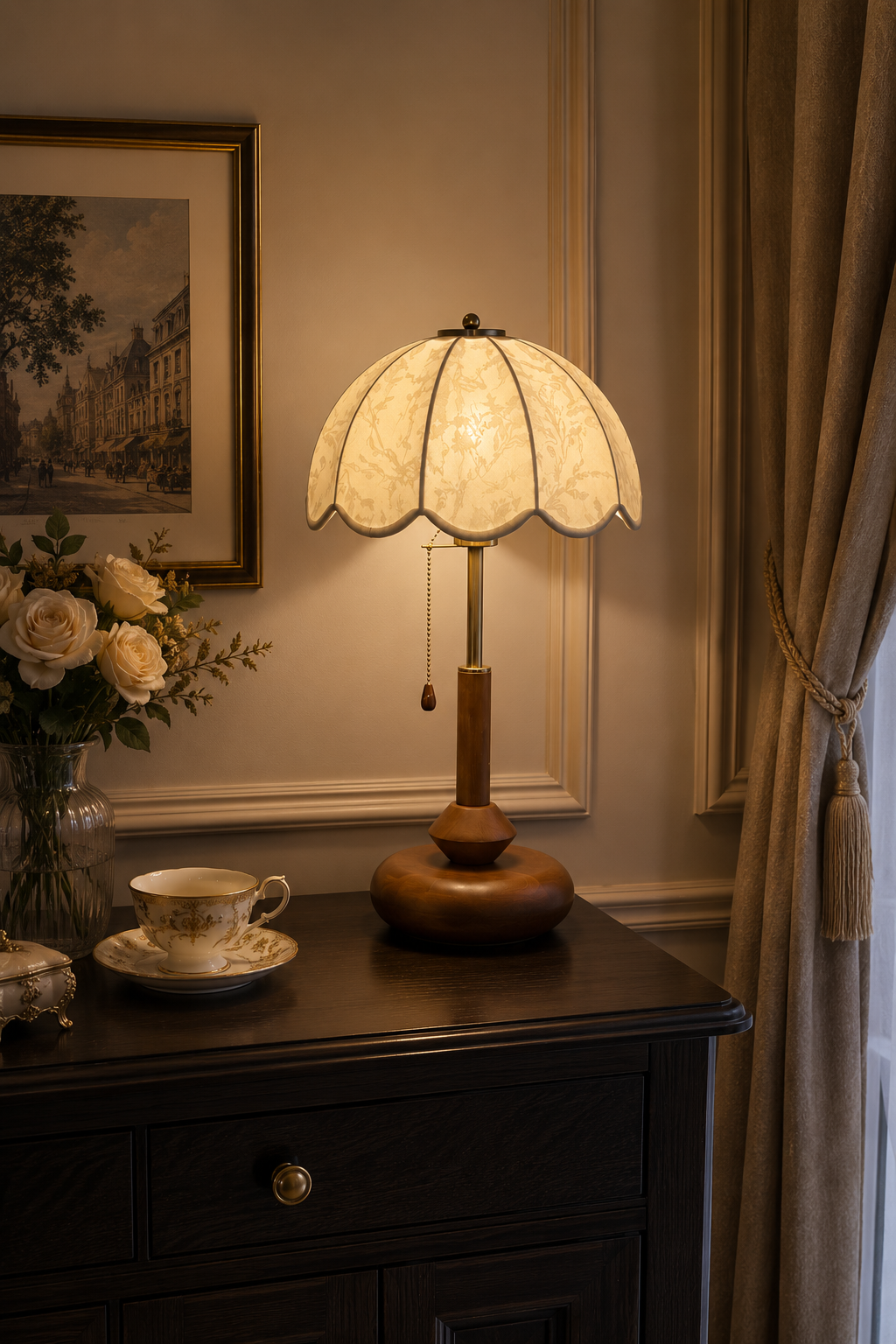 Vintage Solid Wood Table Lamp with Floral Fabric Shade
