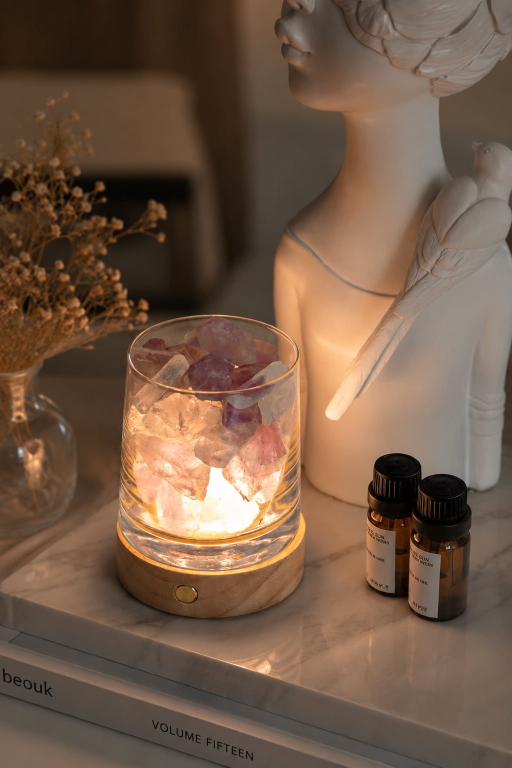 Crystal Aroma Diffuser Stone with Night Light | Essential Oil Gift Set