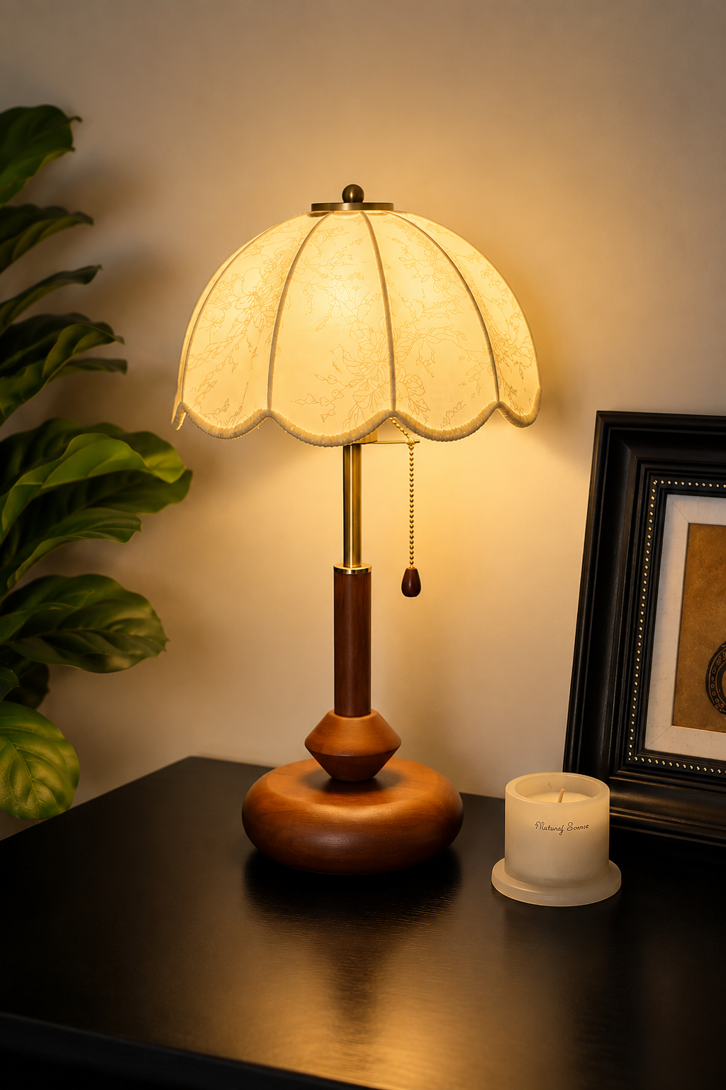 Vintage Solid Wood Table Lamp with Floral Fabric Shade