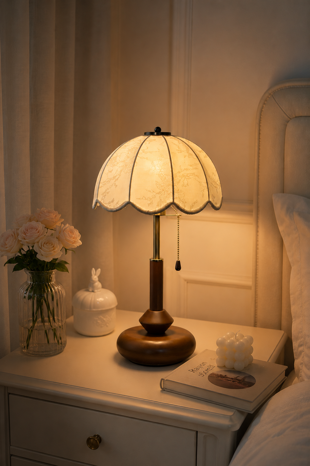 Vintage Solid Wood Table Lamp with Floral Fabric Shade
