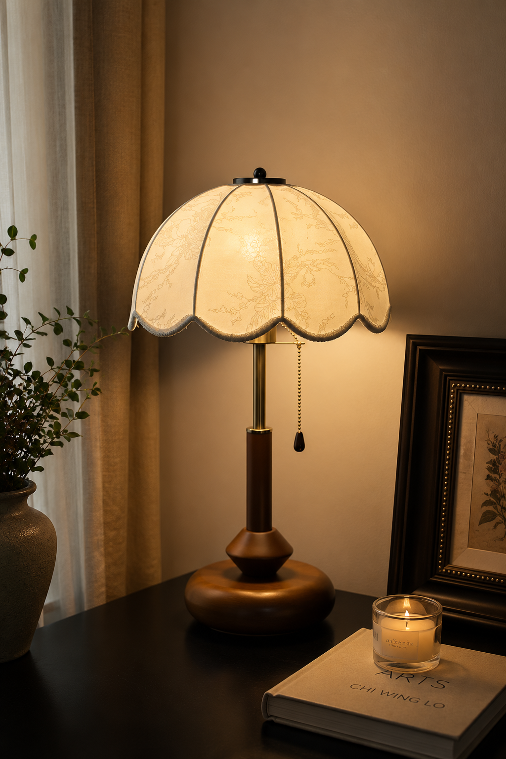 Vintage Solid Wood Table Lamp with Floral Fabric Shade