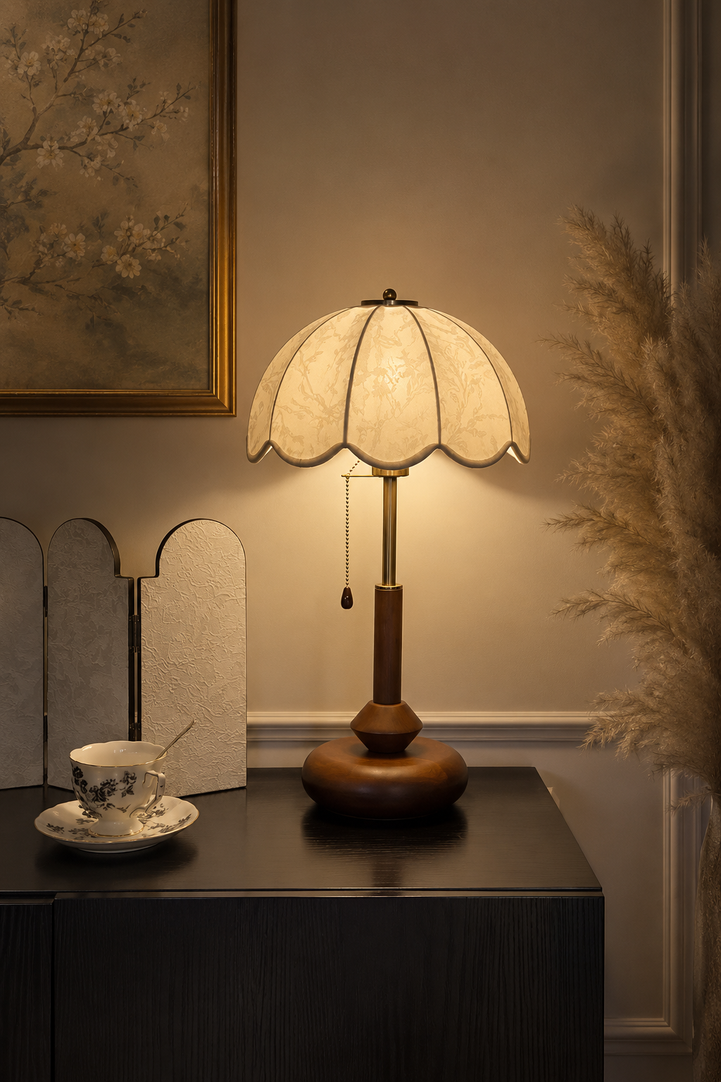 Vintage Solid Wood Table Lamp with Floral Fabric Shade