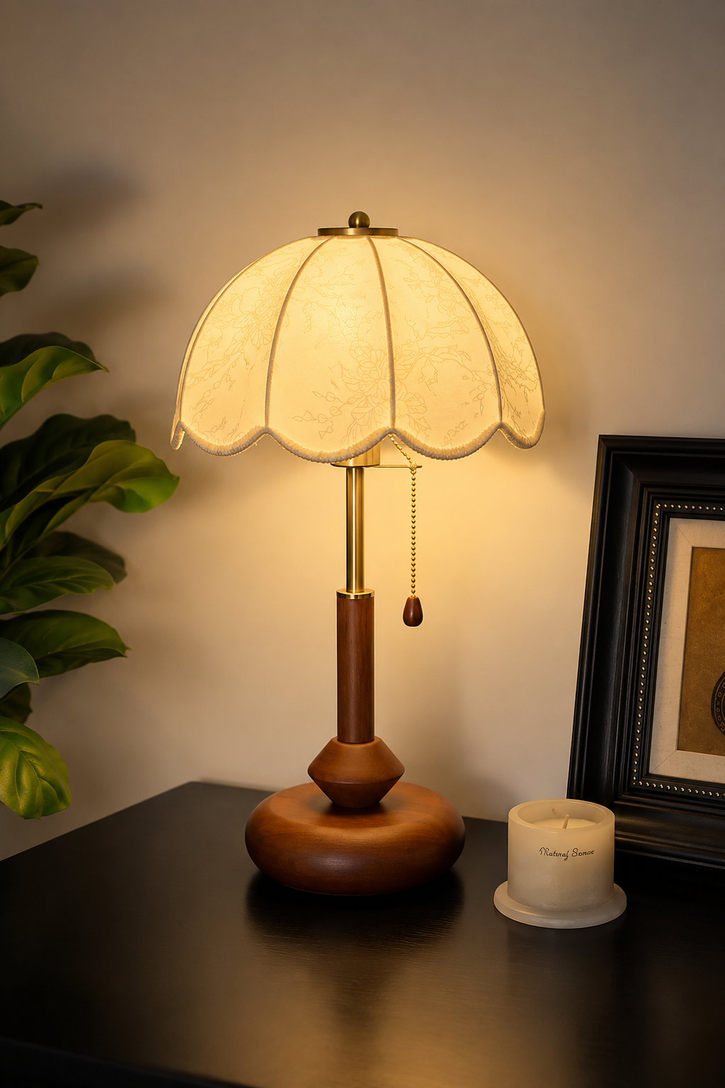 Vintage Solid Wood Table Lamp with Floral Fabric Shade